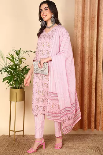 pink color printed pure cotton styles kurta trouser with dupatta
