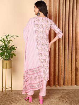 pink color printed pure cotton styles kurta trouser with dupatta 4