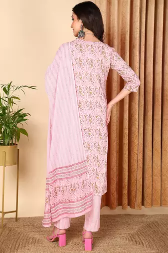 pink color printed pure cotton styles kurta trouser with dupatta