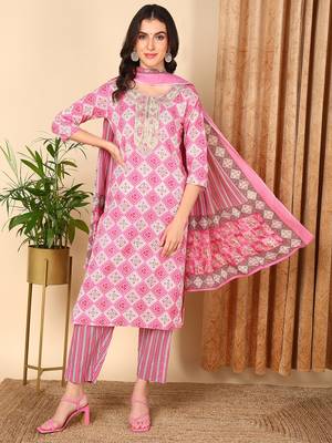 pink color embroidered pure cotton styles kurta trouser with dupatta 1