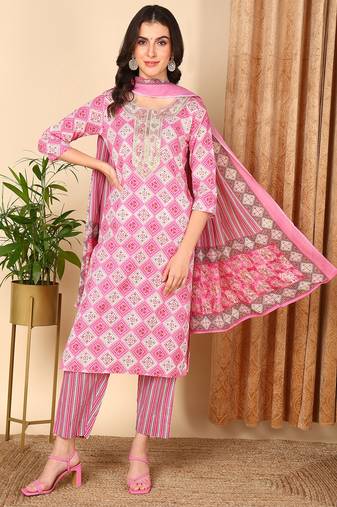 pink color embroidered pure cotton styles kurta trouser with dupatta