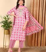 pink color embroidered pure cotton styles kurta trouser with dupatta