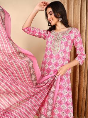 pink color embroidered pure cotton styles kurta trouser with dupatta 2