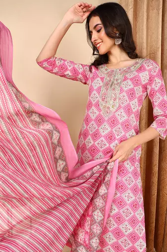 pink color embroidered pure cotton styles kurta trouser with dupatta