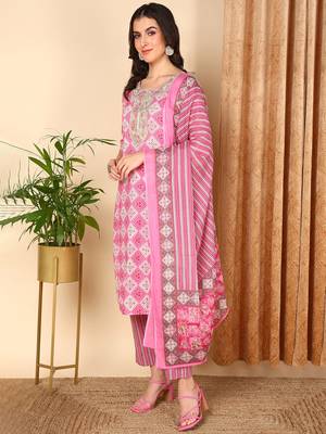 pink color embroidered pure cotton styles kurta trouser with dupatta 3