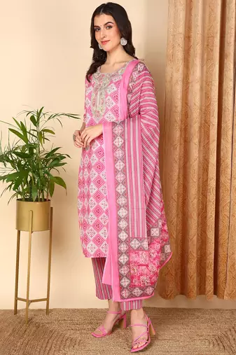 pink color embroidered pure cotton styles kurta trouser with dupatta