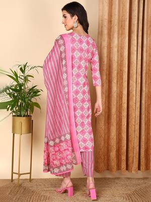 pink color embroidered pure cotton styles kurta trouser with dupatta 4