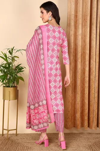 pink color embroidered pure cotton styles kurta trouser with dupatta
