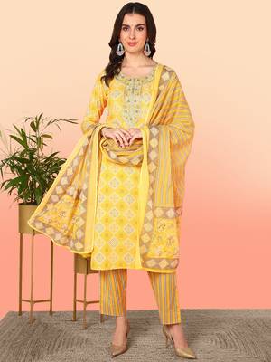 yellow color embroidered pure cotton styles kurta trouser with dupatta 1