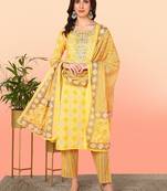 yellow color embroidered pure cotton styles kurta trouser with dupatta