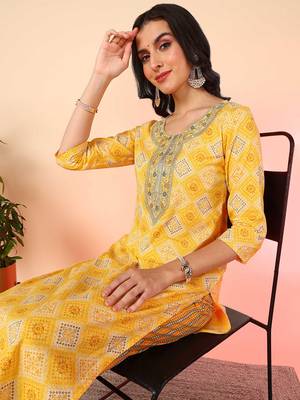 yellow color embroidered pure cotton styles kurta trouser with dupatta 2