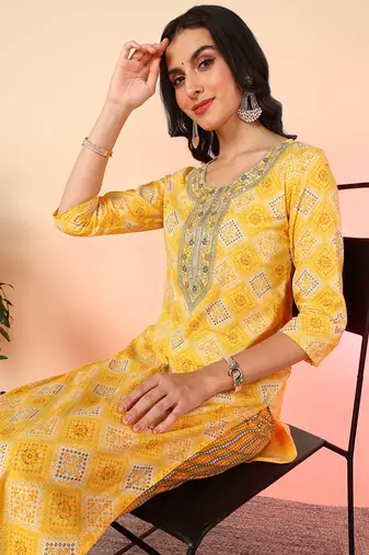 yellow color embroidered pure cotton styles kurta trouser with dupatta