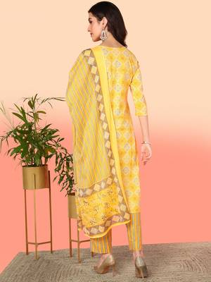 yellow color embroidered pure cotton styles kurta trouser with dupatta 3
