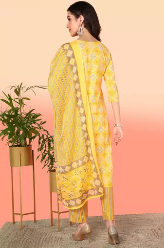 yellow color embroidered pure cotton styles kurta trouser with dupatta