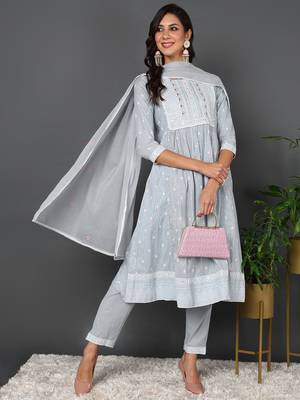blue color embroidered pure cotton styles kurta trouser with dupatta 1