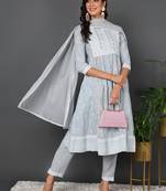 blue color embroidered pure cotton styles kurta trouser with dupatta