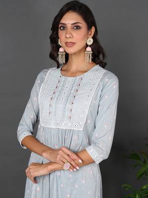 blue color embroidered pure cotton styles kurta trouser with dupatta 2