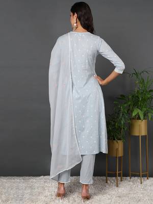 blue color embroidered pure cotton styles kurta trouser with dupatta 3