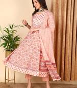 peach color printed pure cotton styles kurta trouser with dupatta