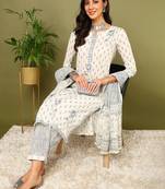 off white color printed pure cotton styles kurta trouser with dupatta