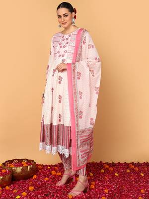 white color embroidered pure cotton styles kurta trouser with dupatta 1