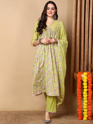 green color printed pure cotton styles kurta trouser with dupatta 1
