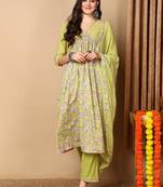 green color printed pure cotton styles kurta trouser with dupatta