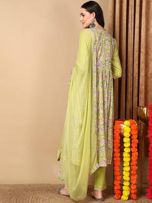 green color printed pure cotton styles kurta trouser with dupatta 4