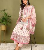 nude color embroidered pure cotton styles kurta trouser with dupatta