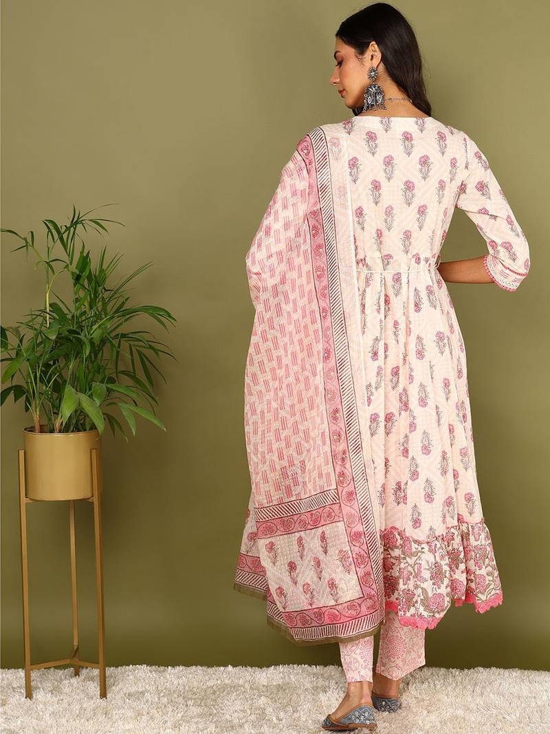 nude color embroidered pure cotton styles kurta trouser with dupatta