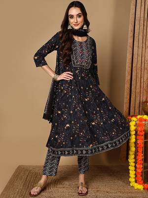 charcoal color embroidered pure cotton styles kurta trouser with dupatta 1