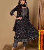 charcoal color embroidered pure cotton styles kurta trouser with dupatta