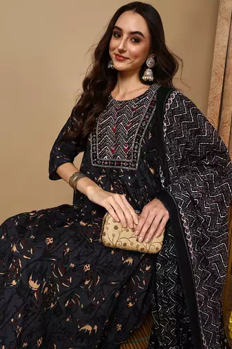 charcoal color embroidered pure cotton styles kurta trouser with dupatta