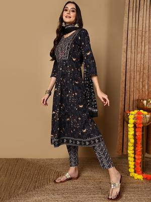 charcoal color embroidered pure cotton styles kurta trouser with dupatta 3