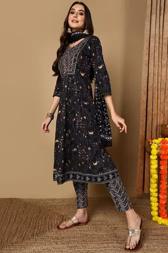 charcoal color embroidered pure cotton styles kurta trouser with dupatta