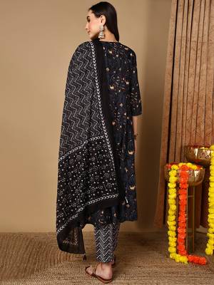 charcoal color embroidered pure cotton styles kurta trouser with dupatta 4