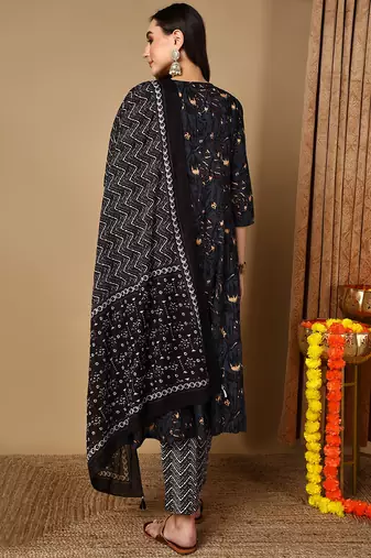 charcoal color embroidered pure cotton styles kurta trouser with dupatta