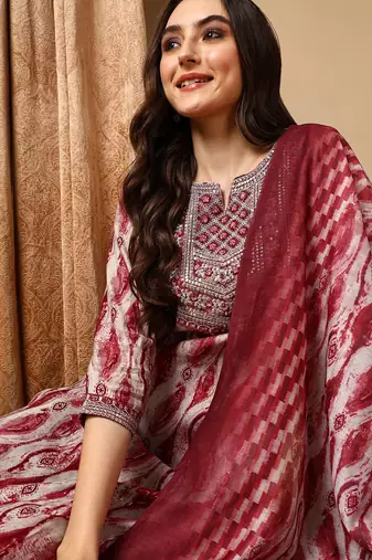 grey color embroidered silk blend styles kurta trouser with dupatta
