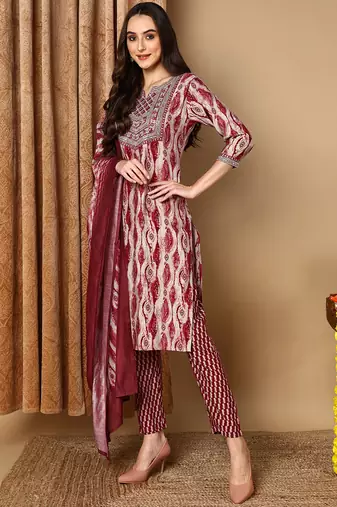grey color embroidered silk blend styles kurta trouser with dupatta