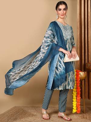 grey color embroidered silk blend styles kurta trouser with dupatta 1