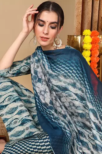 grey color embroidered silk blend styles kurta trouser with dupatta