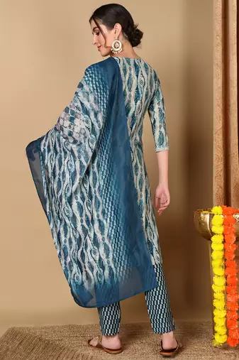 grey color embroidered silk blend styles kurta trouser with dupatta