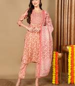 pink color embroidered pure cotton styles kurta trouser with dupatta