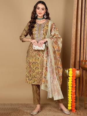 green color embroidered silk blend styles kurta trouser with dupatta 1