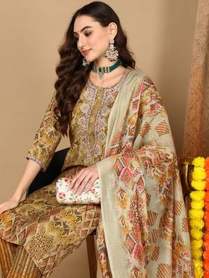 green color embroidered silk blend styles kurta trouser with dupatta 2