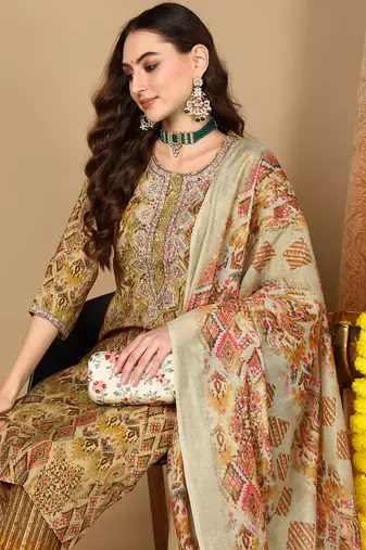 green color embroidered silk blend styles kurta trouser with dupatta