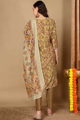 green color embroidered silk blend styles kurta trouser with dupatta