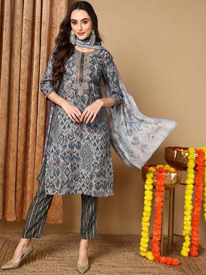 grey color embroidered silk blend styles kurta trouser with dupatta 1
