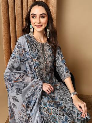 grey color embroidered silk blend styles kurta trouser with dupatta 2