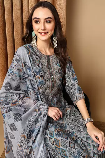 grey color embroidered silk blend styles kurta trouser with dupatta